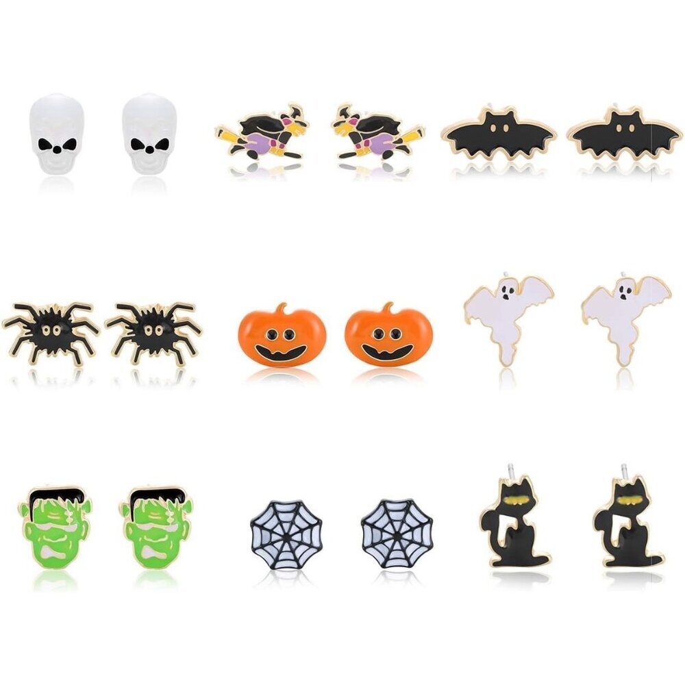 9 Pairs Halloween Earrings for Women Spider Web Pumpkin Ghost Bat Stud Earrings